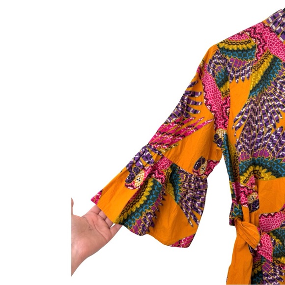 Farm‎ Rio Large Macaw Print Poplin Belted Mini Dress Orange Mutli Boho Colorful - Picture 5 of 11